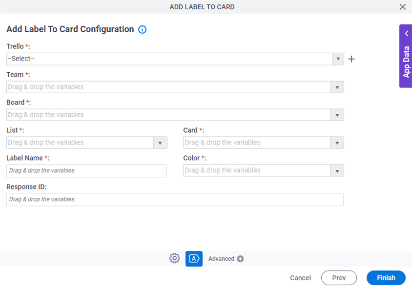 Add Label To Card Configuration screen