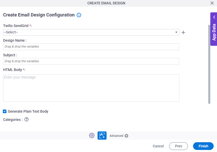 Create Email Design Configuration screen