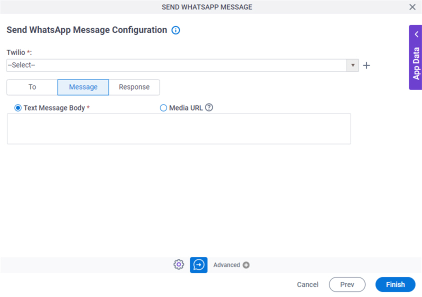 Send WhatsApp Message Configuration screen