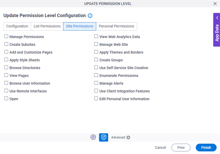 Update Permission Level Configuration Site Permissions tab