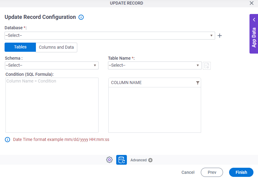 Update Record Configuration Tables tab