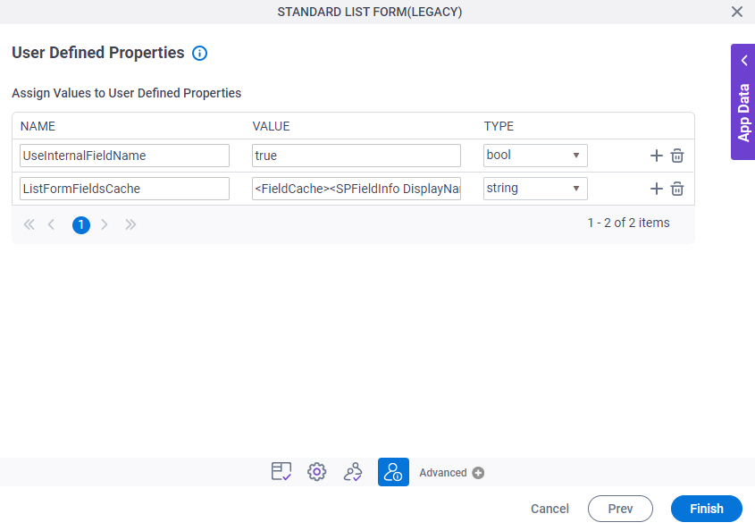 User Defined Properties screen