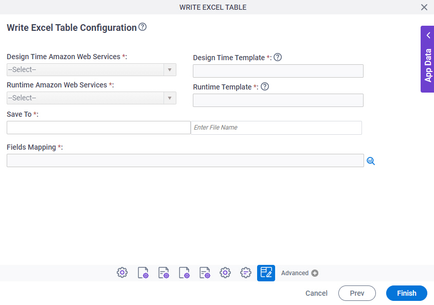 Write Excel Table Configuration screen