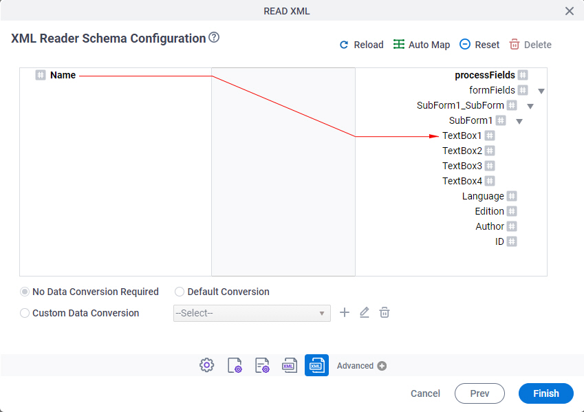 XML Reader Schema Configuration screen