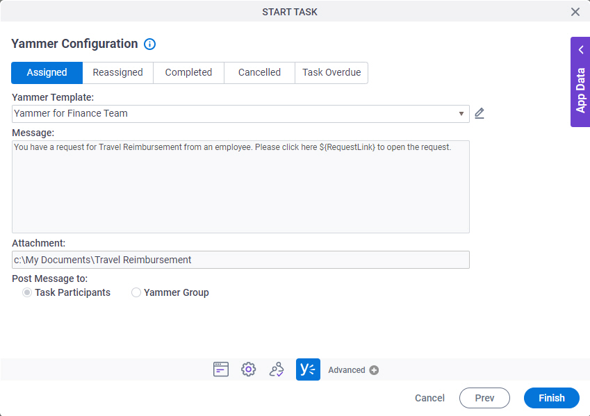 Yammer Template Configuration screen