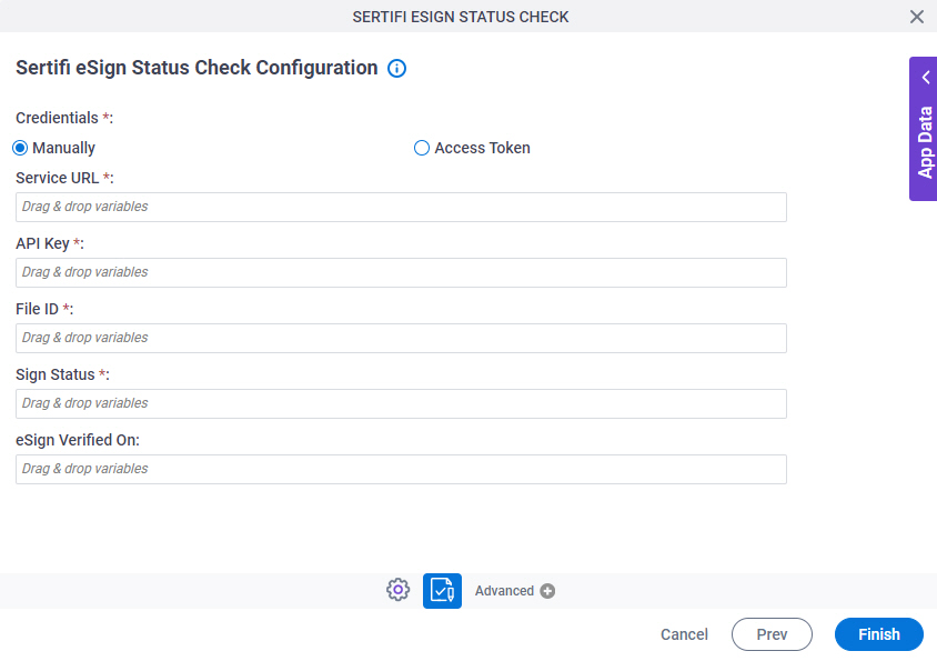 Sertifi eSign Status Check Configuration screen