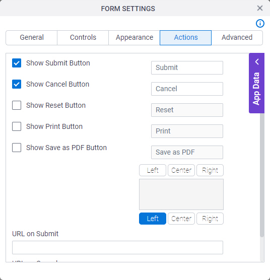 Form Settings Actions screen