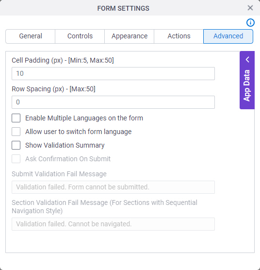 Form Settings Advanced screen