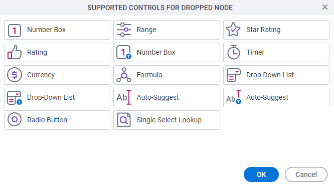 Supported Controls for Dropped Node screen
