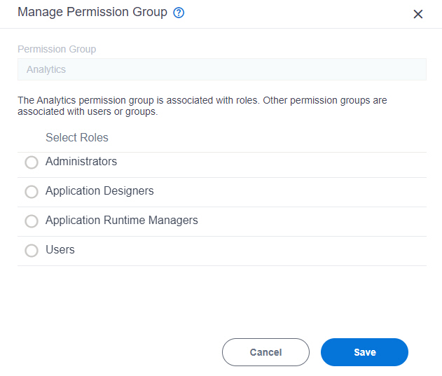 Manage Analytics Permission Group screen