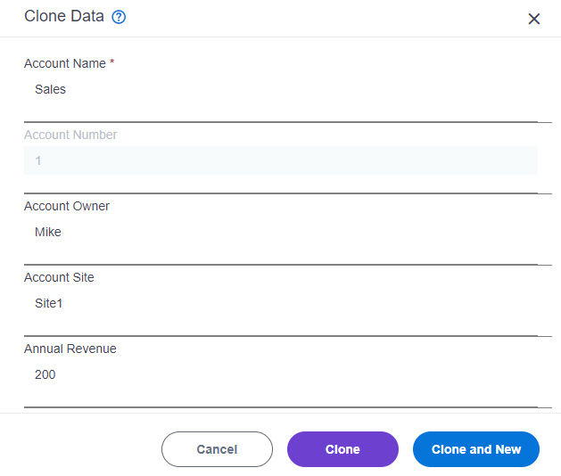 Clone Data screen