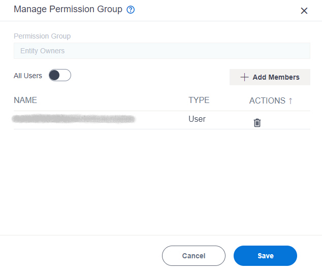 Entity Designers Manage Permission Group screen