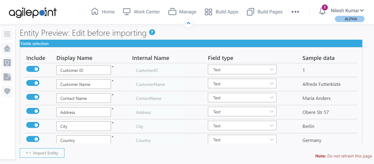 Import Template screen