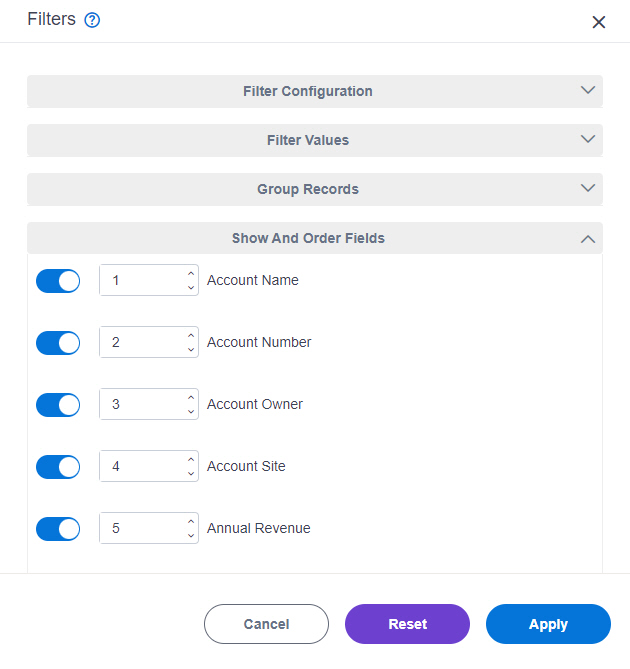 Filters Show And Order Fields tab