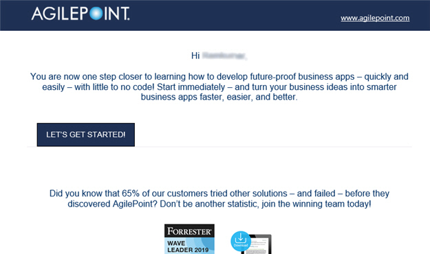 AgilePoint NX Trial Tenant Invitation e-mail screen