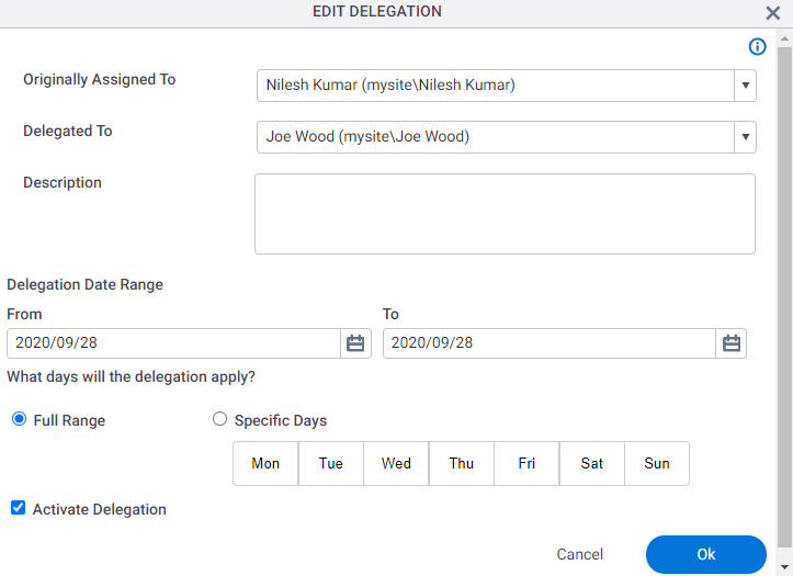 Edit Delegation screen