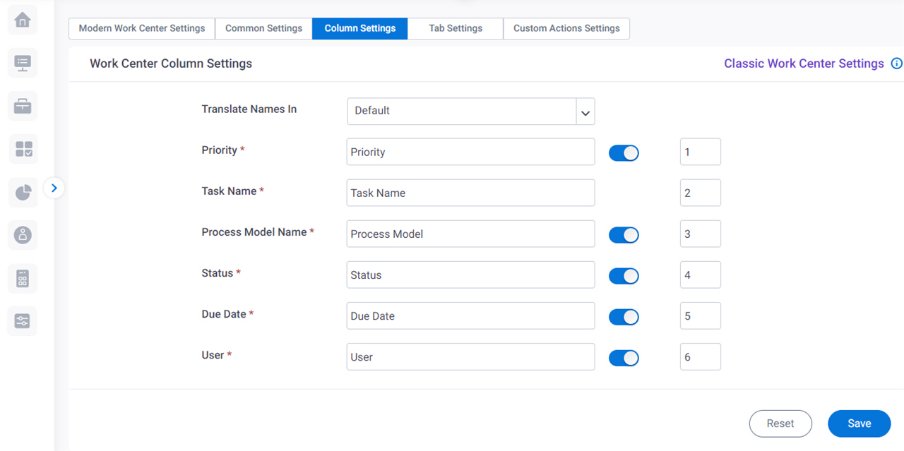 Work Center Column Settings screen Modern