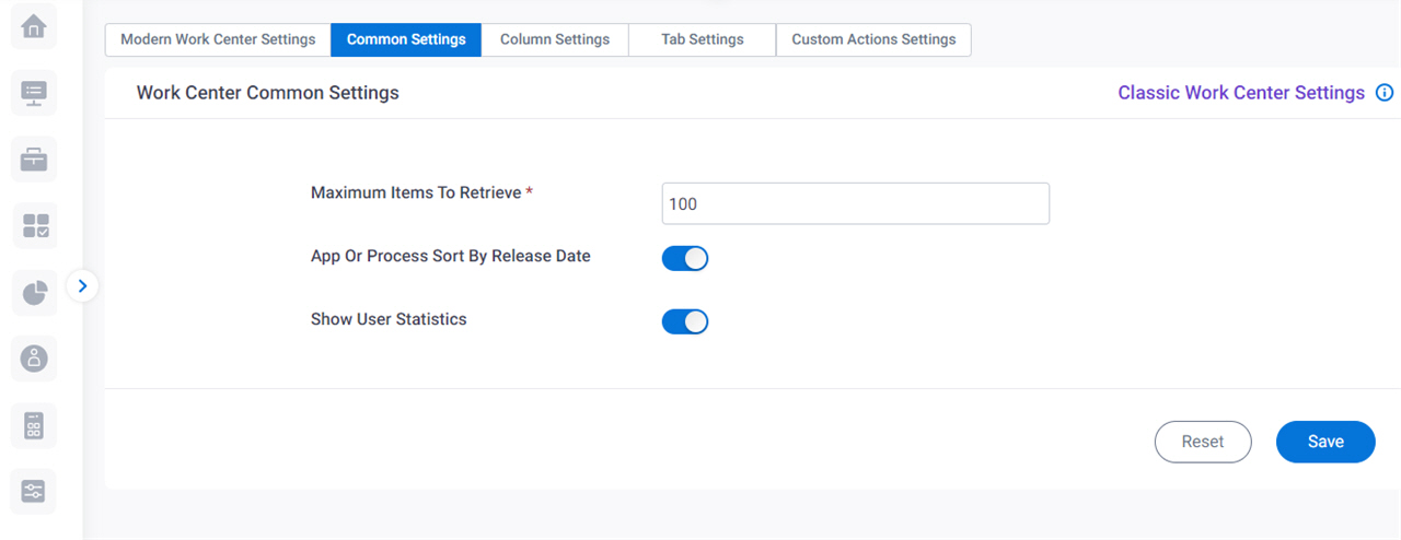 Work Center Common Settings screen Modern