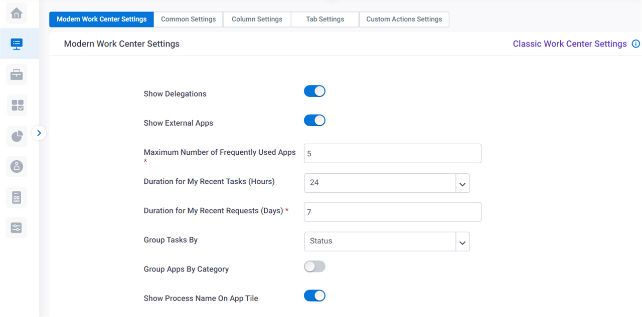 Modern Work Center Settings screen