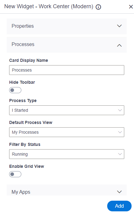 Modern Work Center Widget screen Processes tab