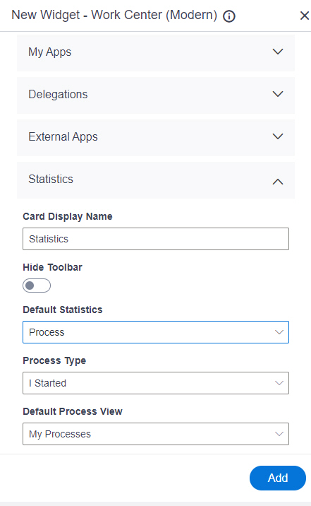 Modern Work Center Widget screen Statistics tab