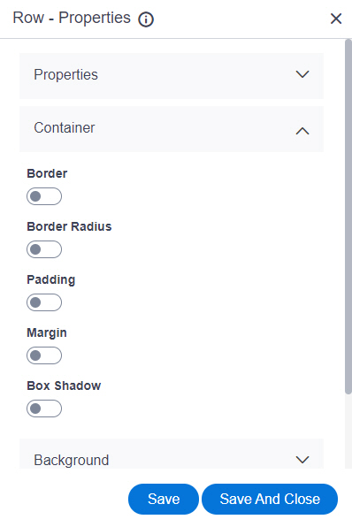 Row Properties Container screen