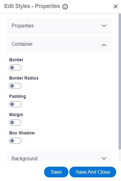 Style Properties Container screen