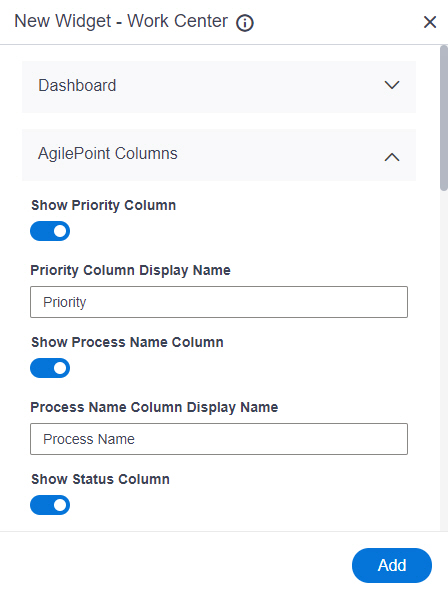 Work Center Widget AgilePoint Columns tab