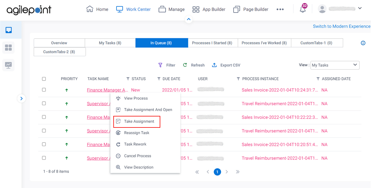 Take Assignment screen