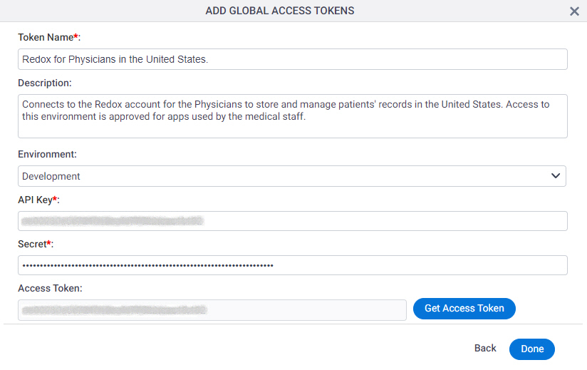 Redox Access Token Configuration screen