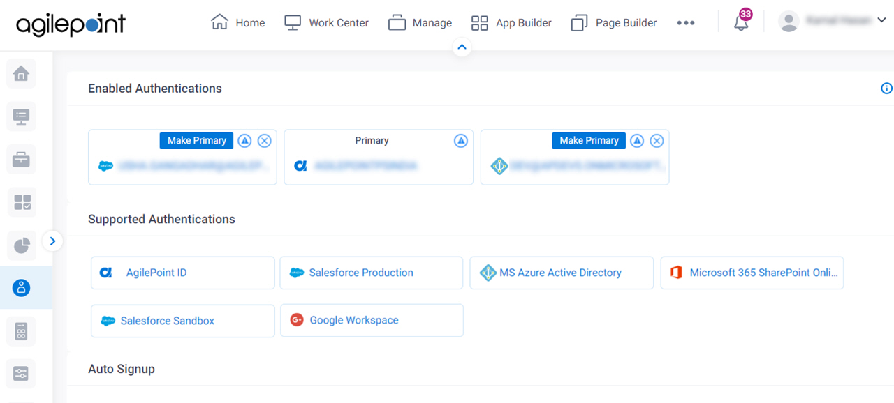 Authentication Configuration screen