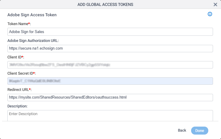 Adobe Sign Access Token Configuration screen