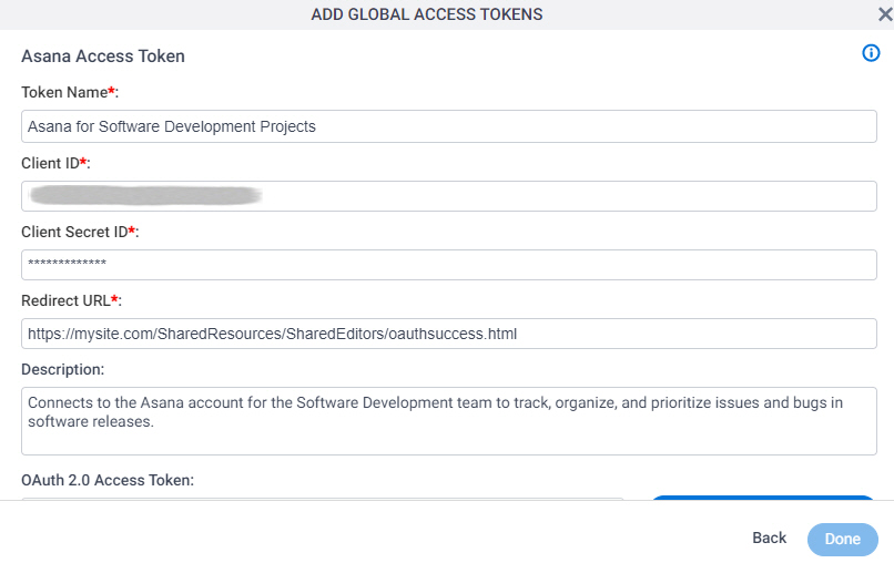 Asana Access Token Configuration screen