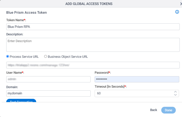 Blue Prism Access Token Configuration screen