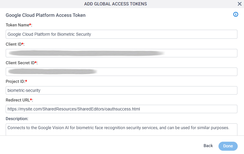 Google Cloud Platform Access Token Configuration screen