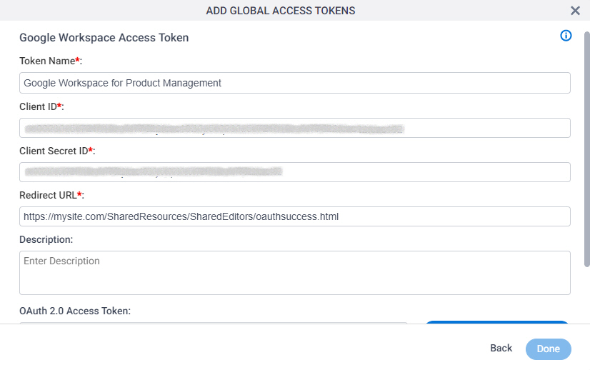 Google Workspace Access Token Configuration screen