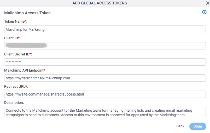 Mailchimp Access Token Configuration screen