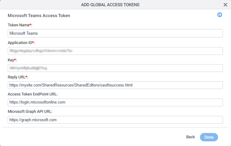 Microsoft Teams Access Token Configuration screen