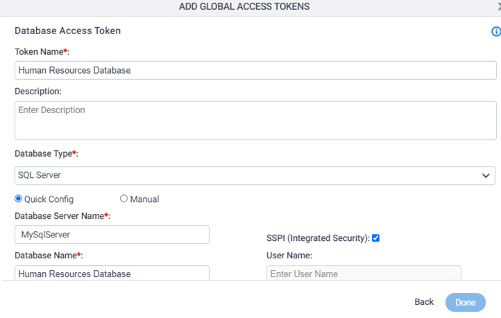 MySQL Database Access Token Configuration screen