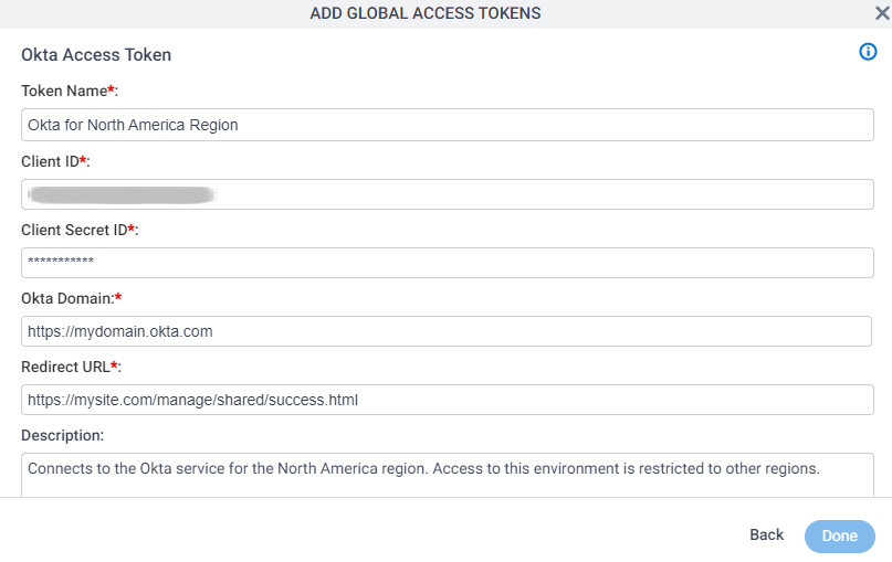 Okta Access Token Configuration screen