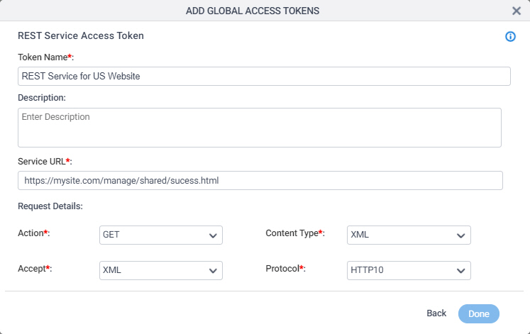 REST Service Access Token Configuration screen