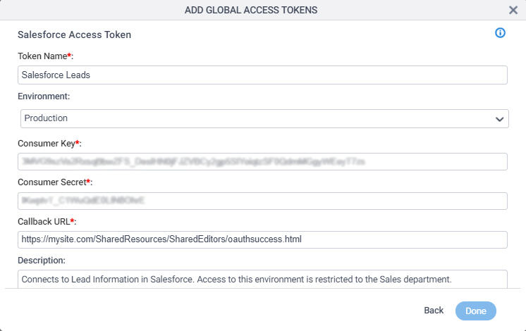 Salesforce Access Token Configuration screen