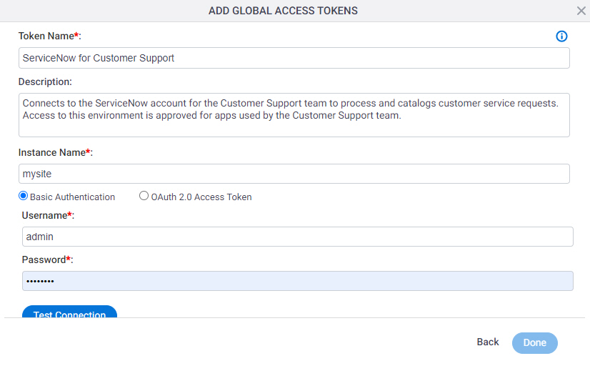 ServiceNow Access Token Configuration screen