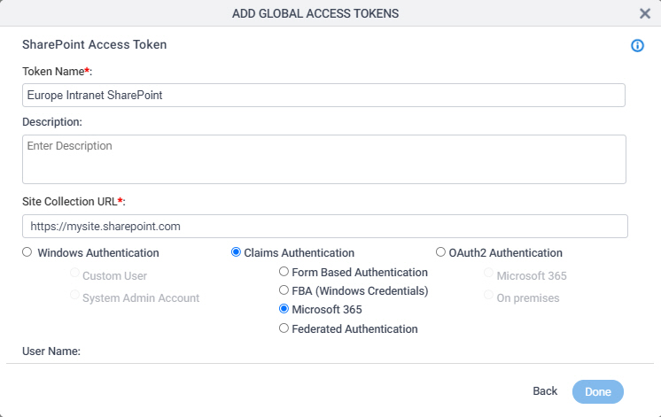 SharePoint Access Token Configuration screen