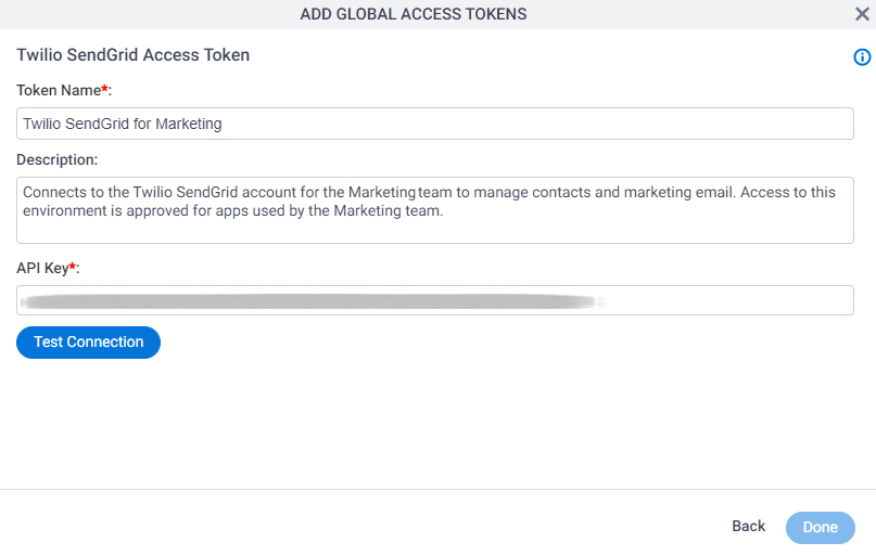 Twilio SendGrid Access Token Configuration screen