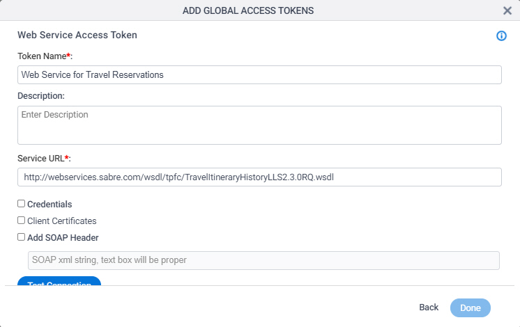 Web Service Access Token Configuration screen