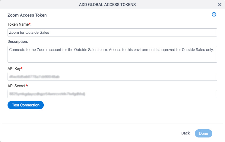 Zoom Access Token Configuration screen