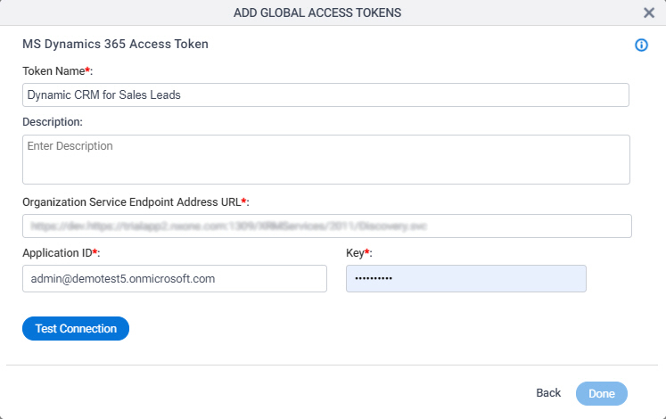 Microsoft Dynamics CRM Access Token Configuration screen