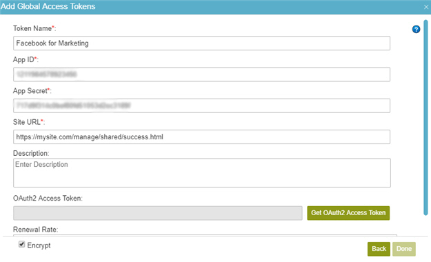 Facebook Access Token Configuration screen