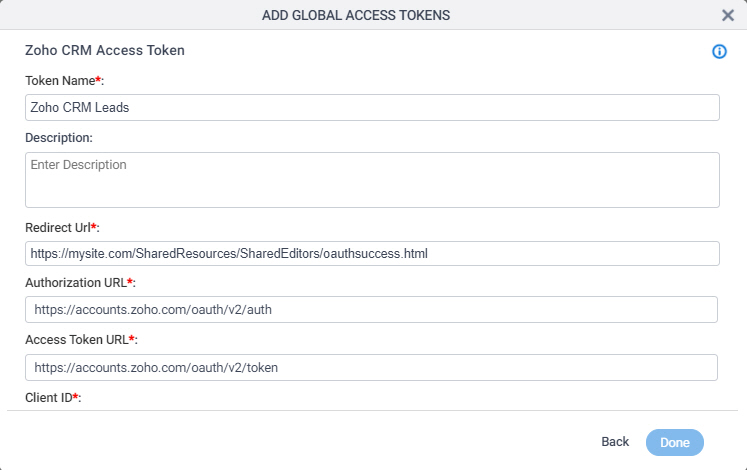 Zoho CRM Access Token Configuration screen